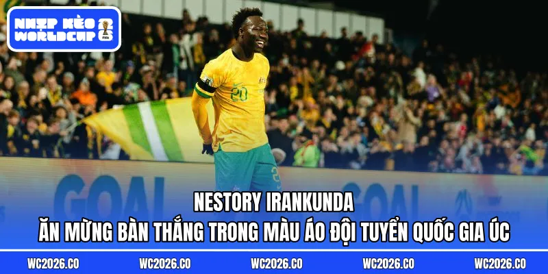 Nestory Irankunda ăn mừng bàn thắng trong màu áo đội tuyển quốc gia Úc